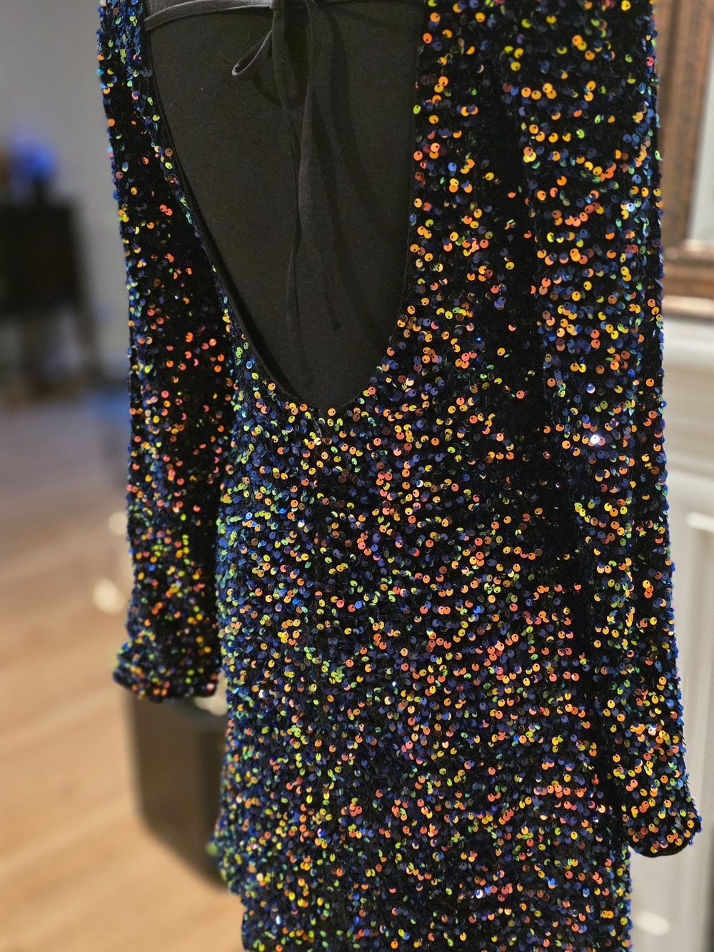 Black Multicolor Sequin Long Sleeve Mini Dress - Picture 3 of 15